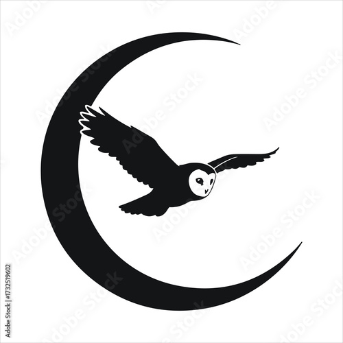 Majestic owl soars through crescent moon silhouette symbolizing night mystery and wisdom