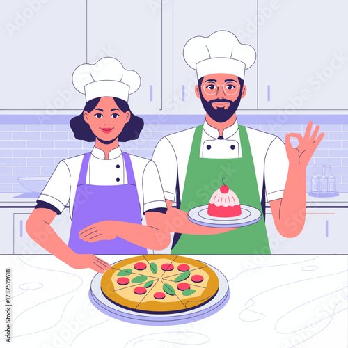 Two dynamic chefs showcase their culinary creations, highlighting the joy of cooking and expertise, ideal for branding or promotional materials in the food industry.