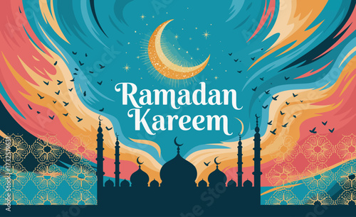 An inviting illustration characterized by a crescent moon and colorful patterns, symbolizing peace and unity during the blessed month of Ramadan, evoking reflection and joy.