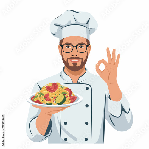 A cheerful chef proudly displays a plate of beautifully arranged pasta, showcasing vibrant vegetables and an inviting appearance, ready to delight food lovers everywhere.
