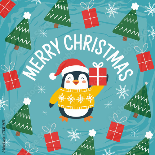 A delightful penguin wearing a Christmas sweater and hat cheerfully holds a present, surrounded by festive trees and snowflakes, capturing the essence of holiday festivities.