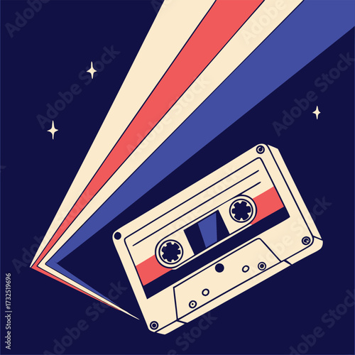 Retro cassette tape explodes with vibrant retro stripes and stars evoking nostalgia and energetic retro vibes