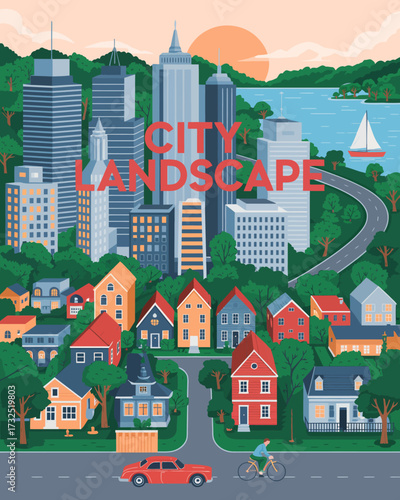 This vibrant image features colorful homes nestled among urban greenery, with a modern skyline and serene river, showcasing an inviting blend of city life and nature.