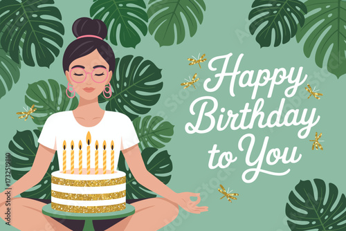 A peaceful representation of a woman in a meditative pose with a visually striking birthday cake, surrounded by lush foliage, showcasing birthday joy and tranquility.