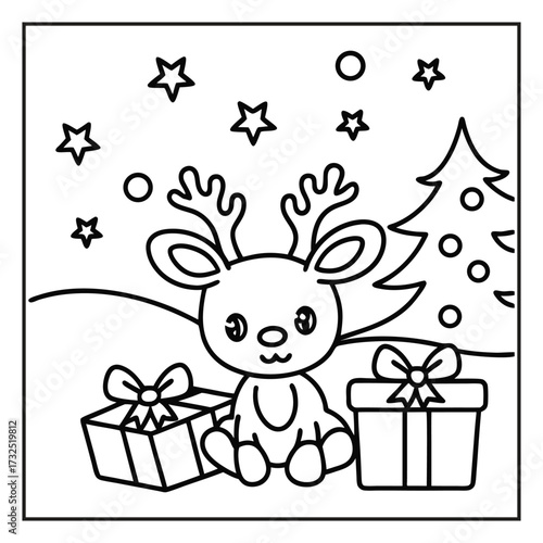 Holiday Cheer: A whimsical black and white outline illustration of a festive reindeer, complete with a Christmas tree and gift boxes.