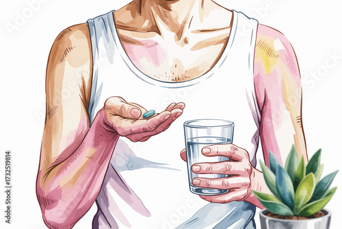 A person is holding a pill in one hand and a glass of water in the other, illustrating themes of health, wellness, and self-care, fitting for health-related contexts.