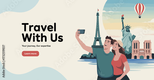 A couple takes a selfie together, marveling at famous landmarks like the Eiffel Tower and Statue of Liberty, capturing their unforgettable travel experience.