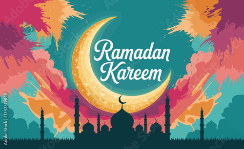 A striking illustration highlighting a beautifully designed crescent moon with a colorful background, articulating the essence of Ramadan through artistic flair and joy.