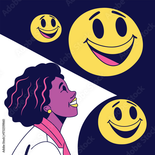 Woman dreams of happiness with bright smiling emojis, embracing positivity and optimism in a modern, abstract style