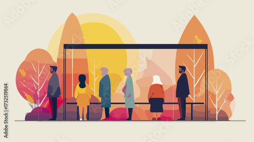 People waiting at bus stop in autumnal scene