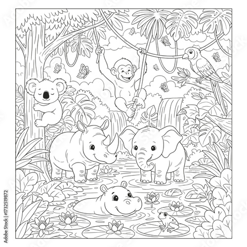 Jungle Animals Coloring Page with Monkey Koala Rhino Elephant and Hippo