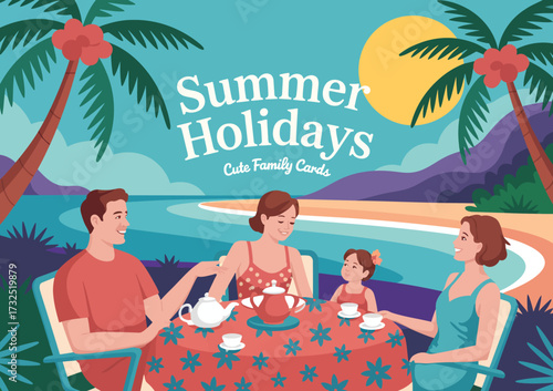 A joyful family gathers around a table by a pool, enjoying tea and each other's company in a vibrant tropical setting highlighted by palms and a sunny atmosphere.