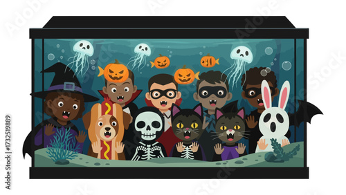 Spooky Aquarium: A collection of children dressed in whimsical Halloween costumes, peering out from an aquarium filled with quirky marine life. Capturing the eerie charm and festive atmosphere