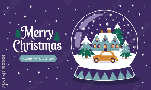 An enchanting snow globe featuring a winter wonderland with a delightful house, pine trees, and a bright orange car, capturing the essence of holiday delight and nostalgia.