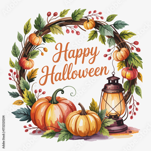 This charming Halloween wreath features pumpkins, vivid autumn leaves, and a cozy lantern, embodying the spirit of the season and festive gatherings.