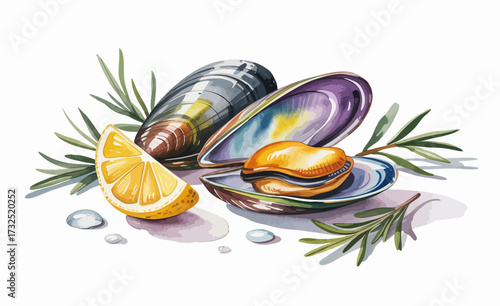 A stylish artistic representation of mussels adorned with lemon and herbs, making it a perfect piece for seafood lovers and culinary art enthusiasts.