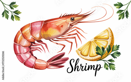 A captivating shrimp graphic accompanied by citrus and greenery, presenting an artistic touch to seafood that appeals to culinary lovers.