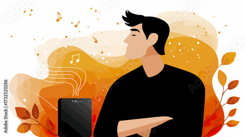 Person listening to music on smartphone autumnal background