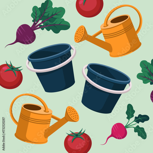 An artistic display featuring watering cans and gardening buckets alongside radishes and tomatoes, emphasizing the joys of cultivation and gardening as a hobby.