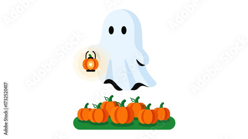 Spooky Ghost and Pumpkins: A charming and whimsical illustration of a friendly ghost floating above a patch of pumpkins on Halloween night, holding a glowing lantern.