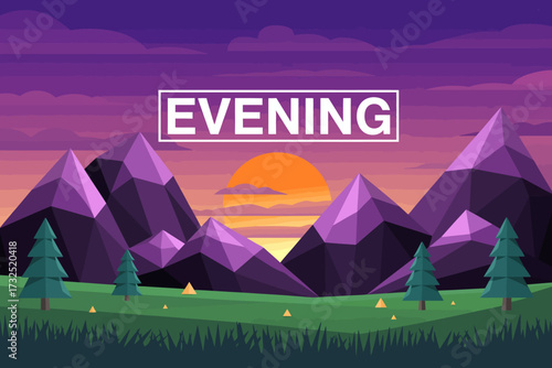 A vibrant polygonal evening landscape featuring prominent mountain peaks and pine trees, evoking feelings of peace, beauty, and the allure of natural settings at dusk.