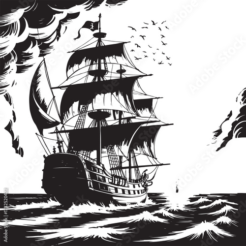 Vintage sailing ship at sea with lighthouse beacon guiding through ocean waves, monochrome woodcut style illustration