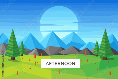 A vibrant afternoon scene with stylized mountains, lush green hills, and bright sun, illustrating the beauty of nature through colorful and geometric representations.