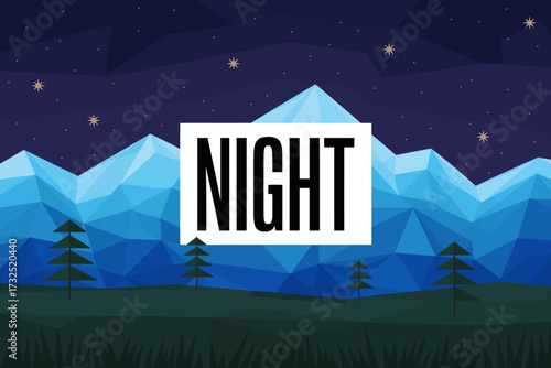An abstract mountainous landscape at night showcases a bold 'NIGHT' text, emphasizing its vivid coloring and polygonal design that invites interpretation and contemplation.