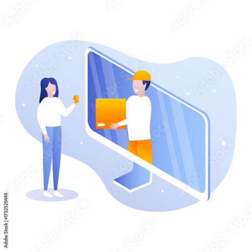 Online Delivery Service Concept – Man Delivering Package Through Screen