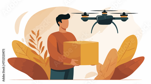 Person receiving package delivery via drone