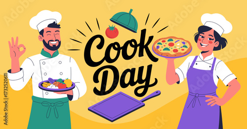 An exuberant scene on Cook Day features two cheerful chefs showing off a variety of colorful dishes, symbolizing the joy of cooking and the celebration of culinary skills.