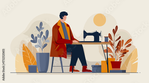 Person sewing on table with plants