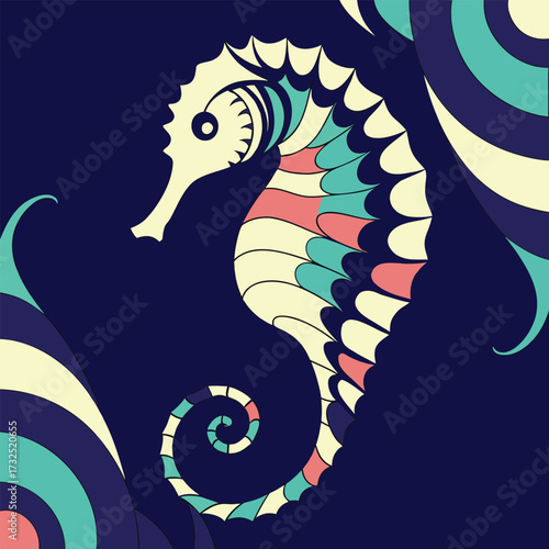 Vibrant stylized seahorse swims gracefully amidst swirling ocean waves in a striking artistic composition