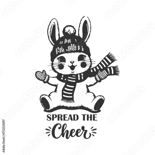 Adorable winter rabbit coloring page with festive scarf and mittens for holiday fun
