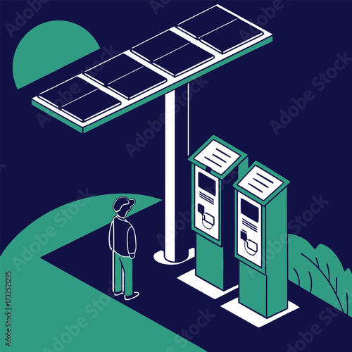 Modern solar powered charging stations with user interacting, representing sustainable energy and technology integration