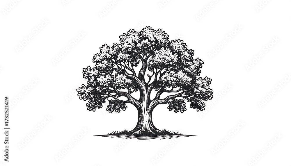 Fototapeta premium A detailed black and white illustration of a large oak tree with dense foliage and intricate bark detail