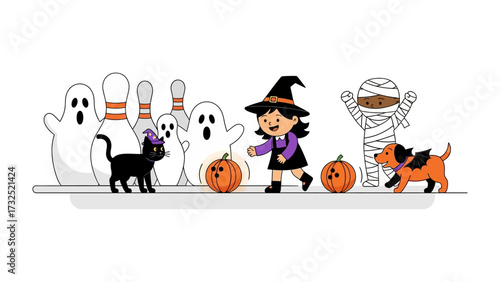 Halloween Festive Bowling: Playful illustration of a child dressed as a witch, ready to bowl with pumpkins, alongside ghostly pins, a mummified friend, a black cat, and a bat-winged dog.