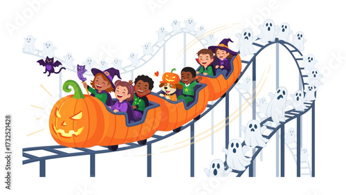Halloween Rollercoaster Ride: Adorable children dressed in Halloween costumes experience the thrill of a pumpkin-themed roller coaster ride, adding to the festive season.