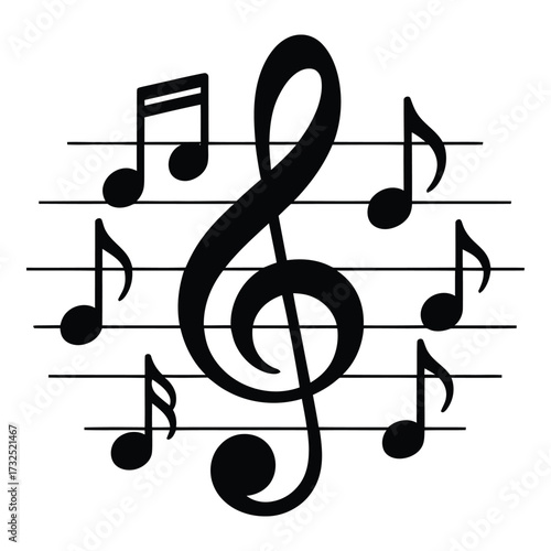  Black treble clef and musical notes arranged on staff lines