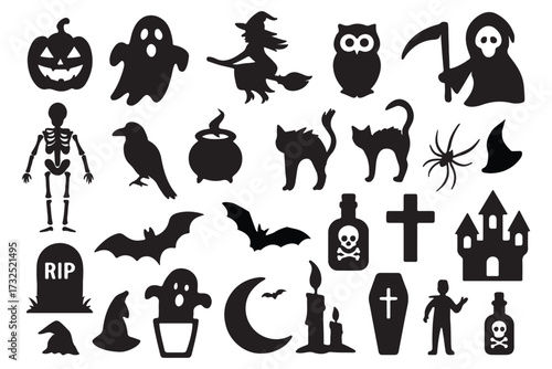 Halloween Silhouette Icon Pack – Spooky Black Graphics of Pumpkins, Ghosts, Bats, Witches, Haunted Houses, 