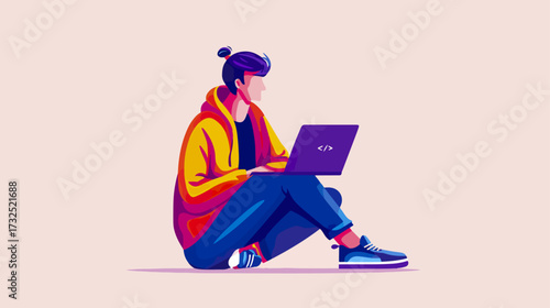 Person working on laptop colorful style