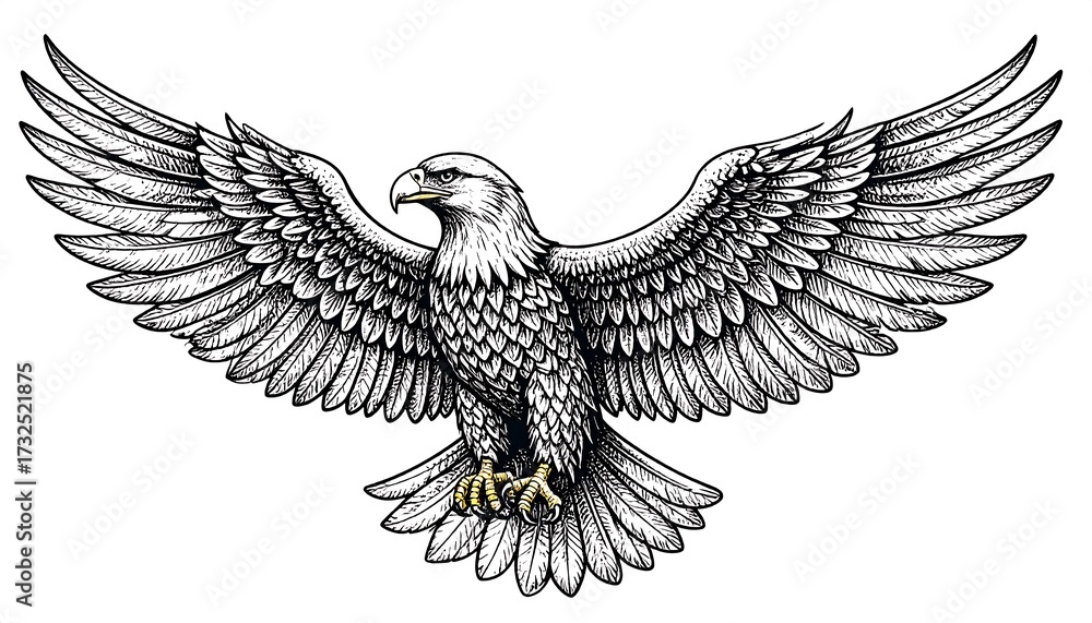 Obraz premium A detailed black and white illustration of a majestic bird with spread wings, showing intricate feather details