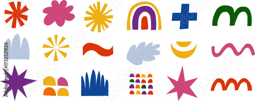 Set of fancy basic bold shapes in brutalism style, hand drawn vector illustration.