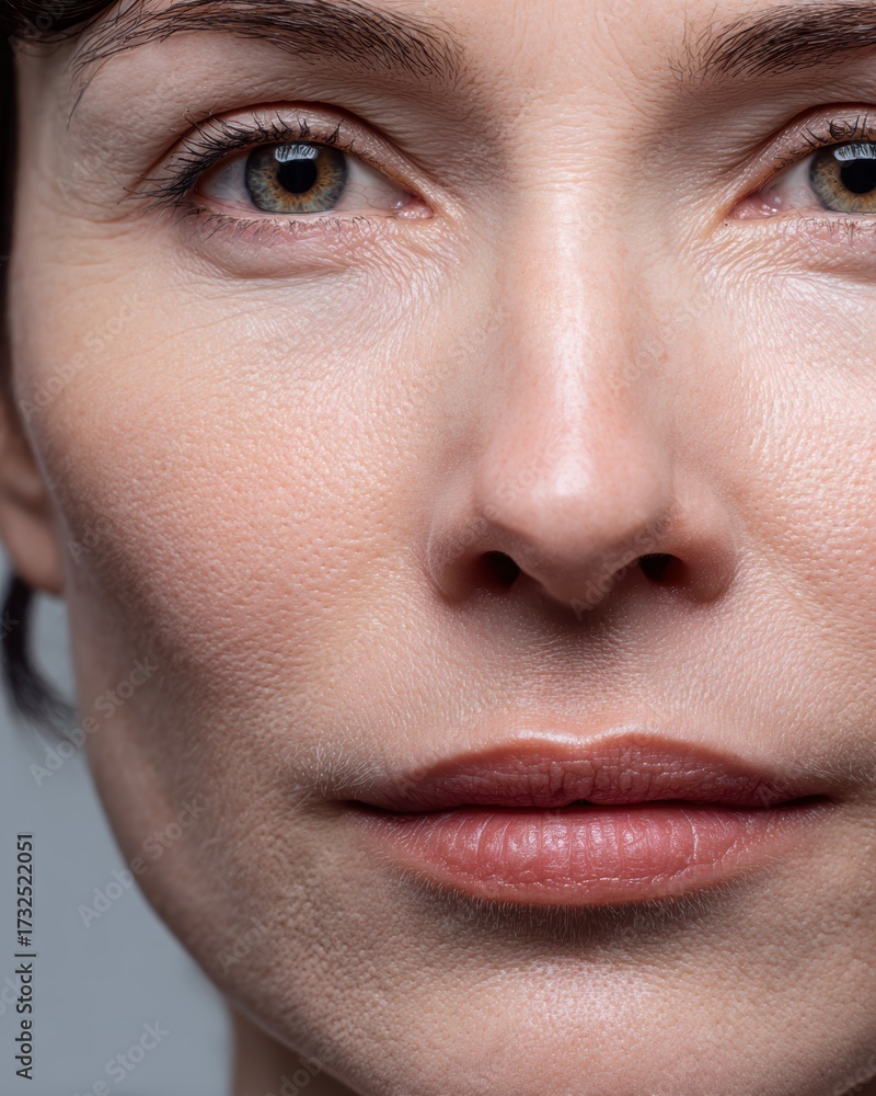 Fototapeta premium Ultra close up macro portrait of mature woman face with detailed natural skin texture, ideal for beauty, dermatology, skincare, wellness, cosmetics, healthcare, lifestyle and advertising projects.