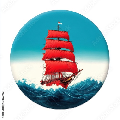 Majestic Red Sailboat Navigating Turquoise Ocean Waves