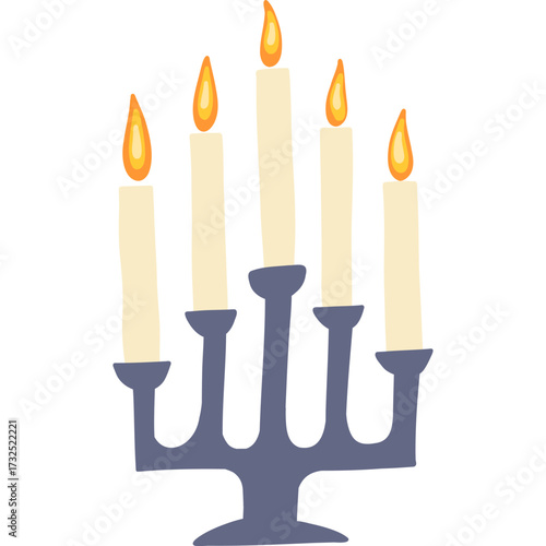 Hand Drawn Christmas Decorative Candle Holder with Burning Candles, Vector Illustration.