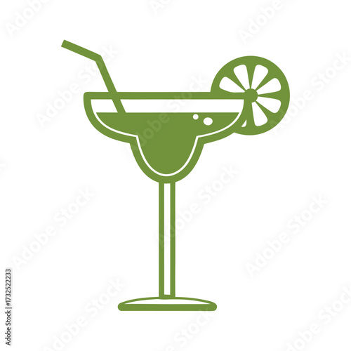 Green margarita cocktail with lime slice and straw icon drink glass