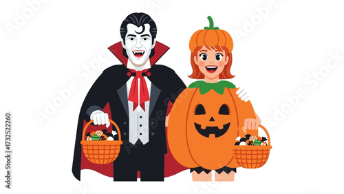 Halloween Couple: A whimsical Halloween scene featuring a charming couple in playful costumes, ready for trick-or-treating with overflowing baskets. capturing the spirit of the spooky season.