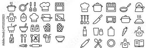 Collection of kitchen utensils and cooking icons showcasing various culinary tools and equipment for cooking preparations