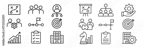 Variety of icons representing teamwork, strategy, and business planning in a clean, simple design